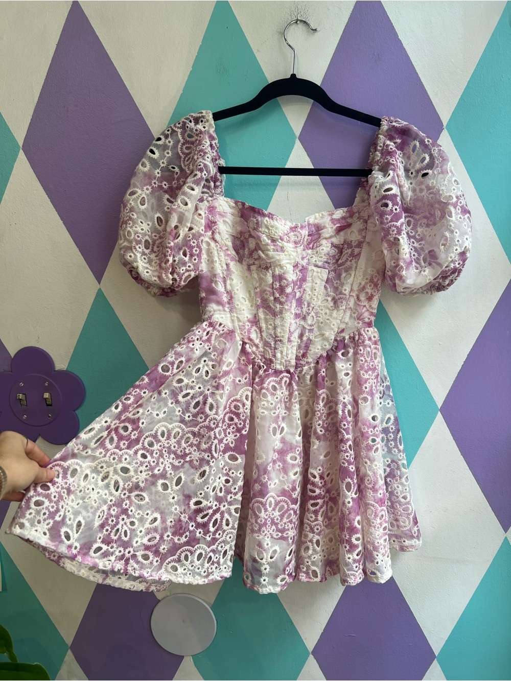Bardot Lavender and White Eyelet Puff-Sleeve Dress